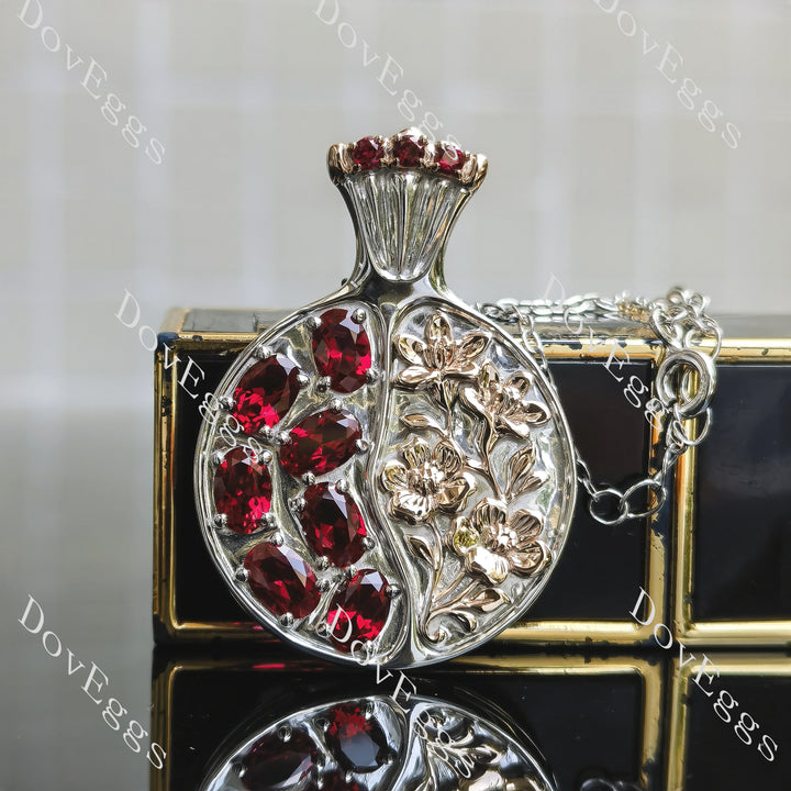 Oval flower carving colored gem pomegranate pendant necklace  main view| Doveggs