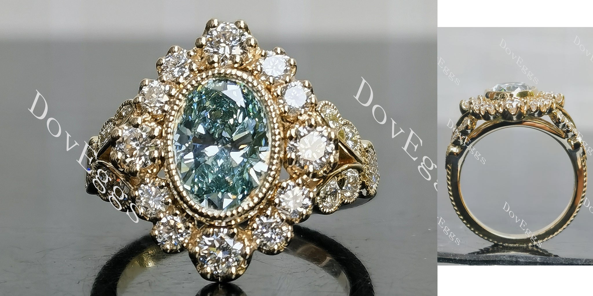 Oval floral colored moissanite engagement ring main view|Doveggs