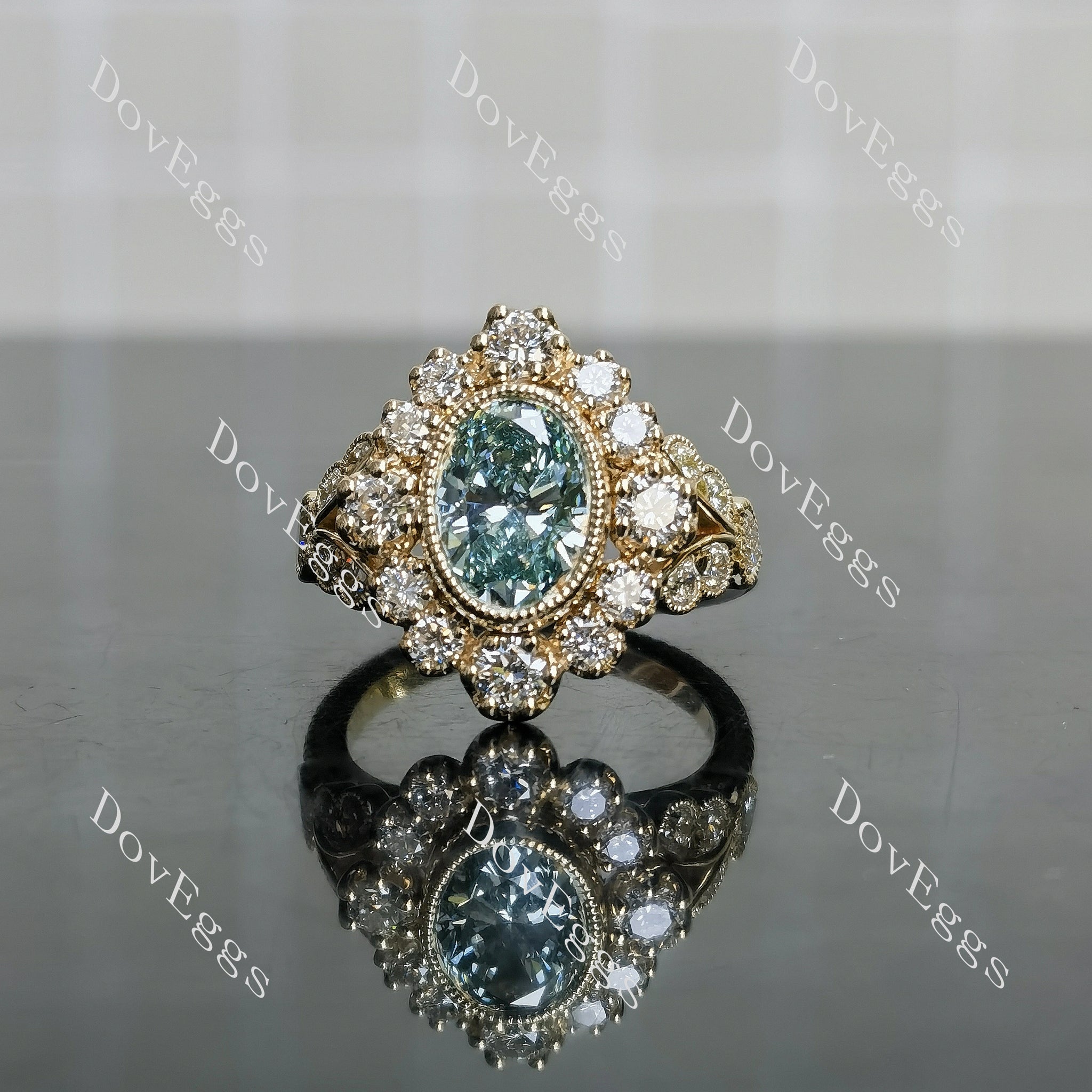 Oval floral blue moissanite engagement ring front view|Doveggs