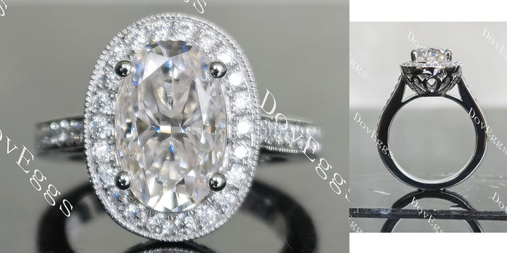 Oval half eternity pave halo moissanite engagement ring main view|Doveggs