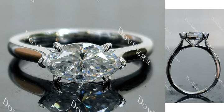 Marquise modified H&A cut moissanite solitaire engagement ring front and side view