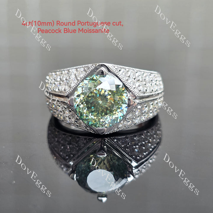 4ct Round Portuguese cut, peacock blue moissanite engagement ring| DovEggs
