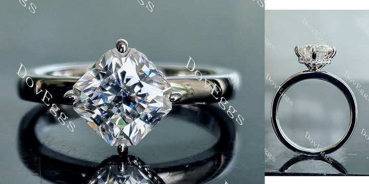Square radiant moissanite engagement ring front and side view with hidden halo