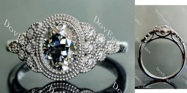 Oval side stones stardust grey moissanite engagement ring main view| Doveggs