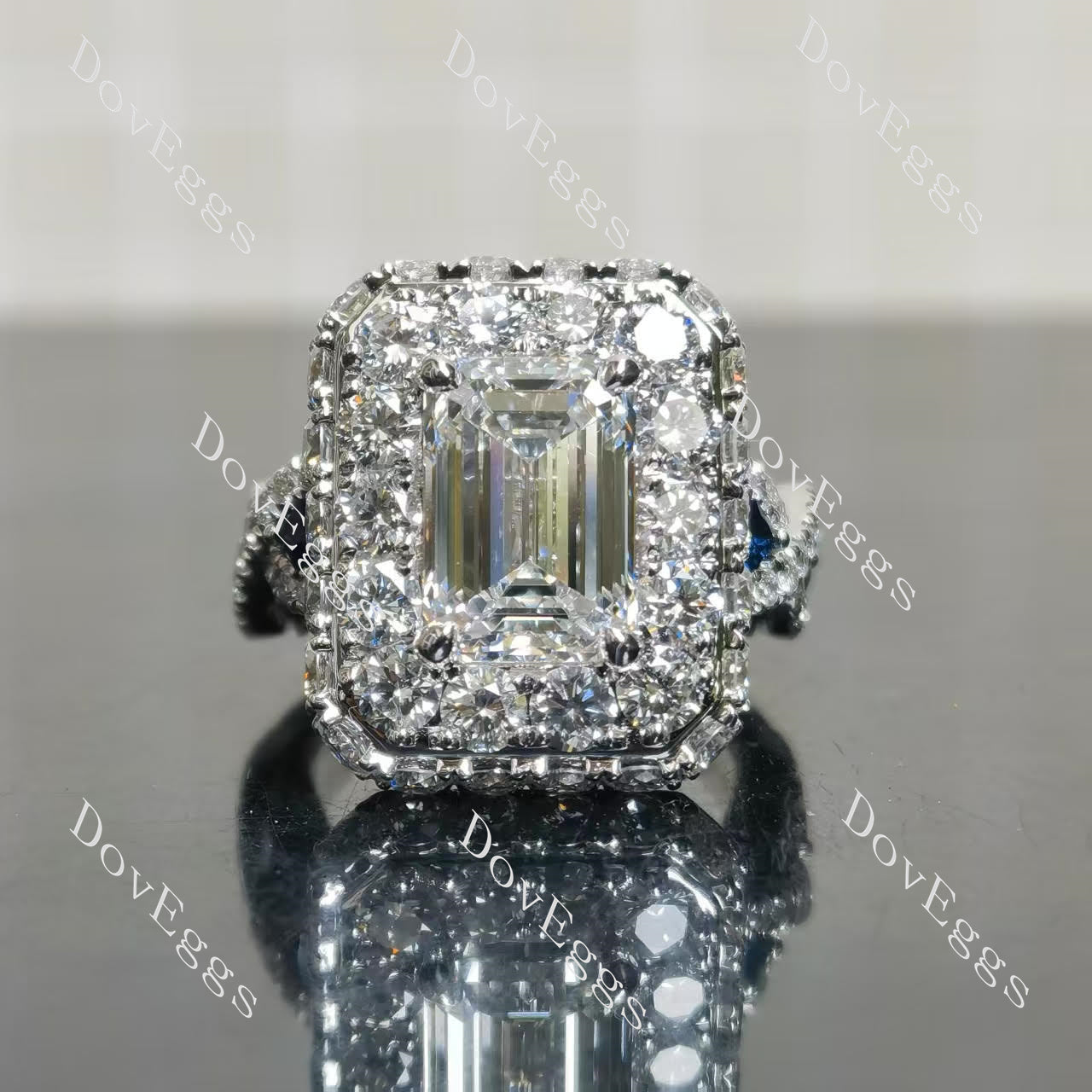 Emerald halo pave vintage art deco moissnaite engagement ring front view| Doveggs