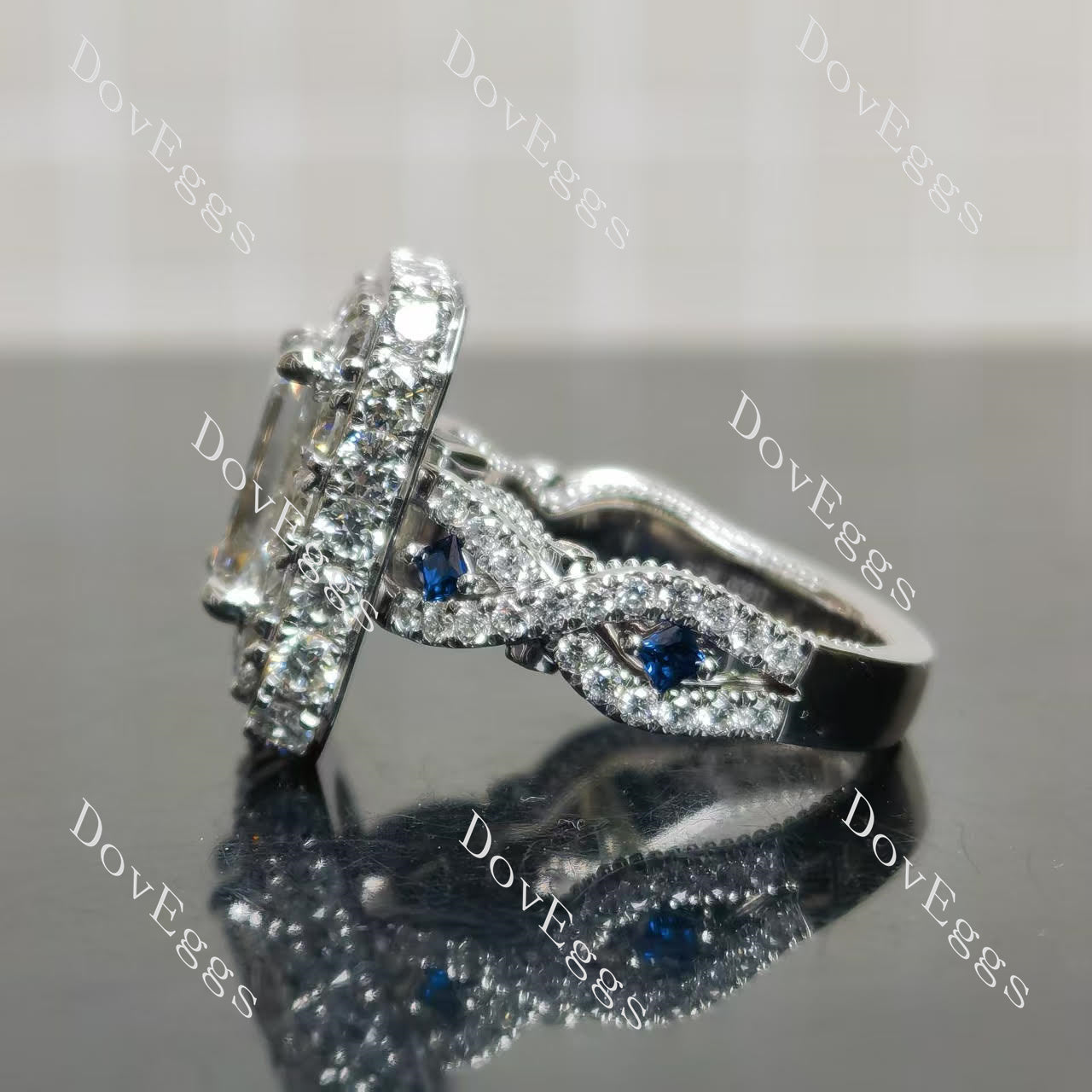 Interlaced pave stones, princess blue sapphires embellishment engagement ring| Doveggs