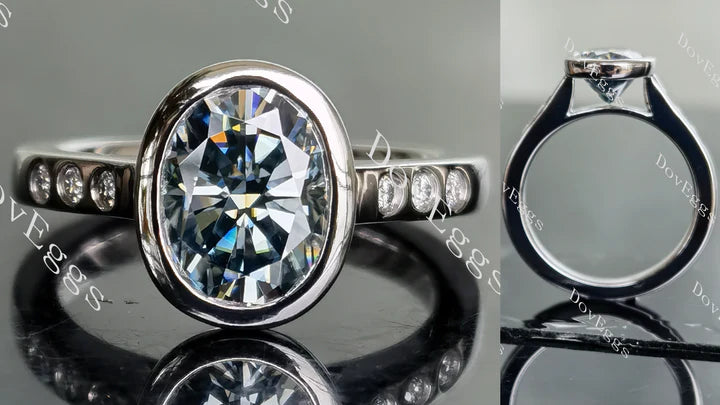 Oval bezel side stones moissanite engagement ring main view| Doveggs
