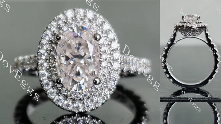 Oval double halo pave moissanite engagement ring main view| Doveggs