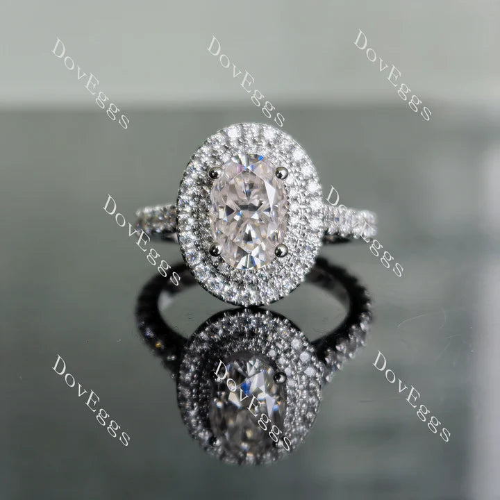 Oval double halo pave moissanite or lab diamond engagement ring| Doveggs