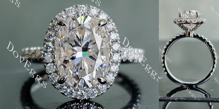 Oval halo 3/4 pave moissanite engagement ring main view| Doveggs