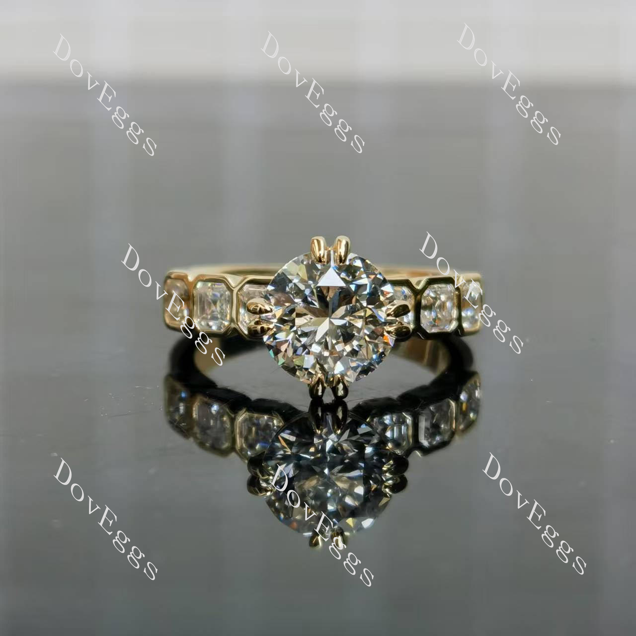 Round prong setting asscher bezel moissanite engagement ring front view| Doveggs