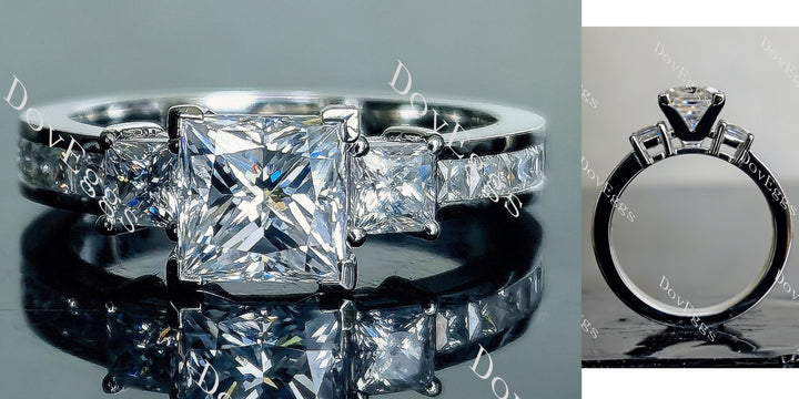 Princess three-stone moissanite engagement ring front and side view with channel set band