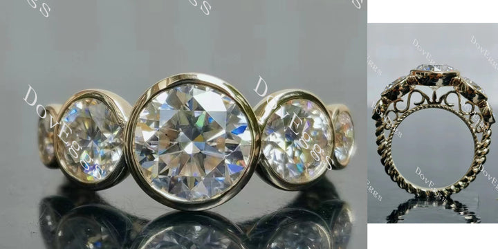 Round bezel side stones moissanite engagement ring front and side view