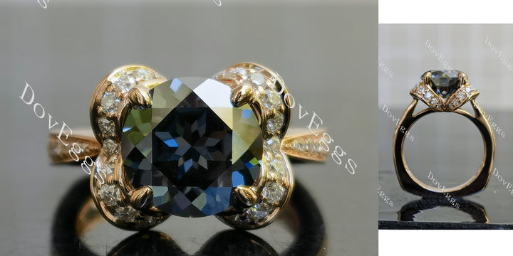Stardust grey moissanite engagement ring with round pave stones, front and side view