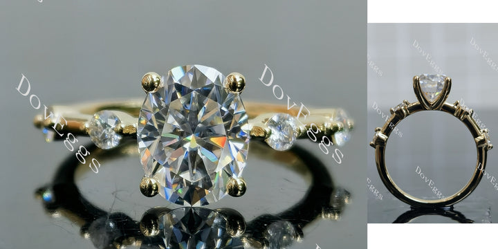 Oval moissanite engagement ring with side stones, front and side view