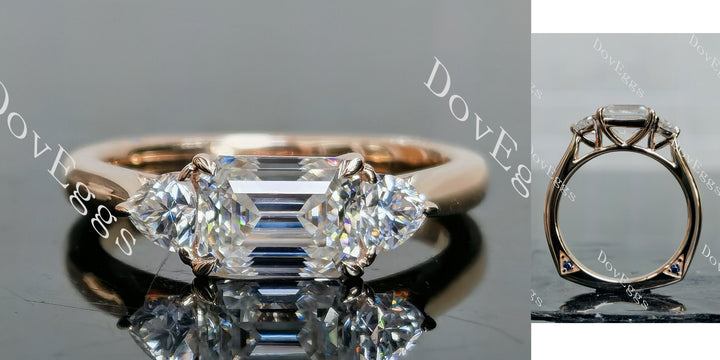 Emerald cut moissanite three stone engagement ring front and side view