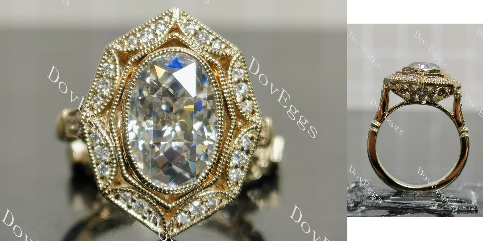 Oval vintage art deco bezel halo moissanite engagement ring main view| Doveggs