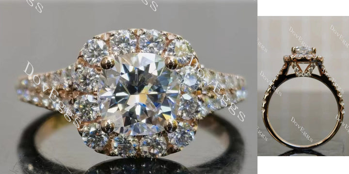 Cushion halo half eternity moissanite engagement ring main view| Doveggs