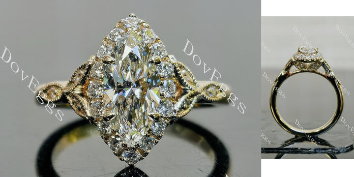 Marquise halo side stones art deco moissanite engagement ring main view| Doveggs