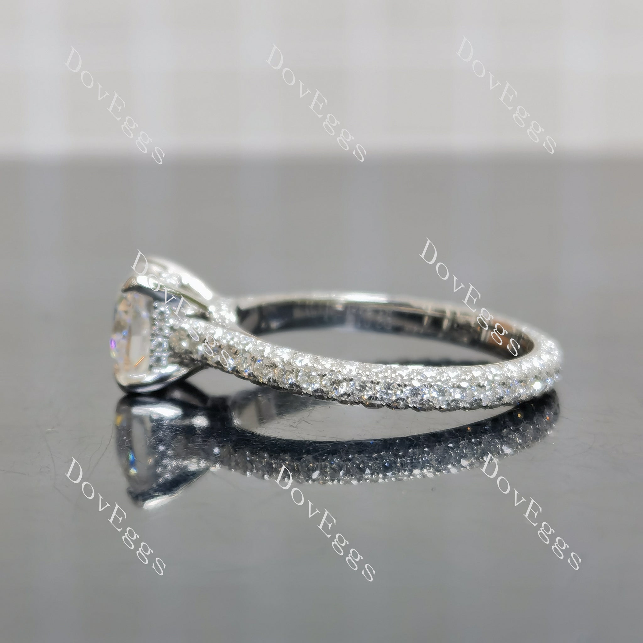cushion cut moissanite engagement ring side view