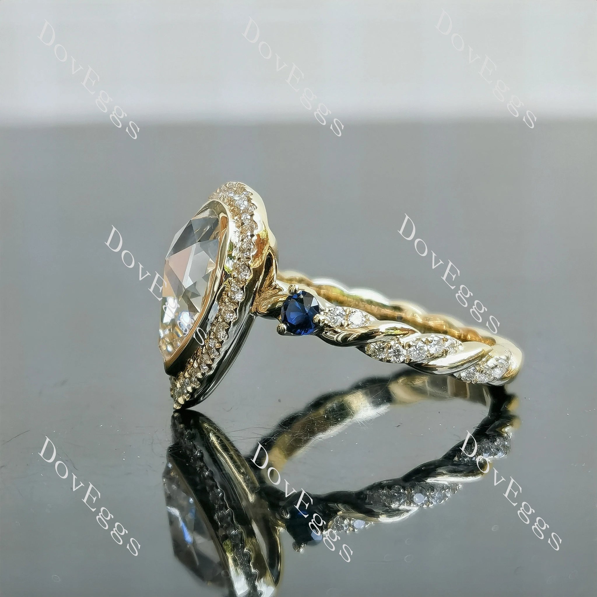 Art deco moissnaite or lab diamond with colored gem engagement ring