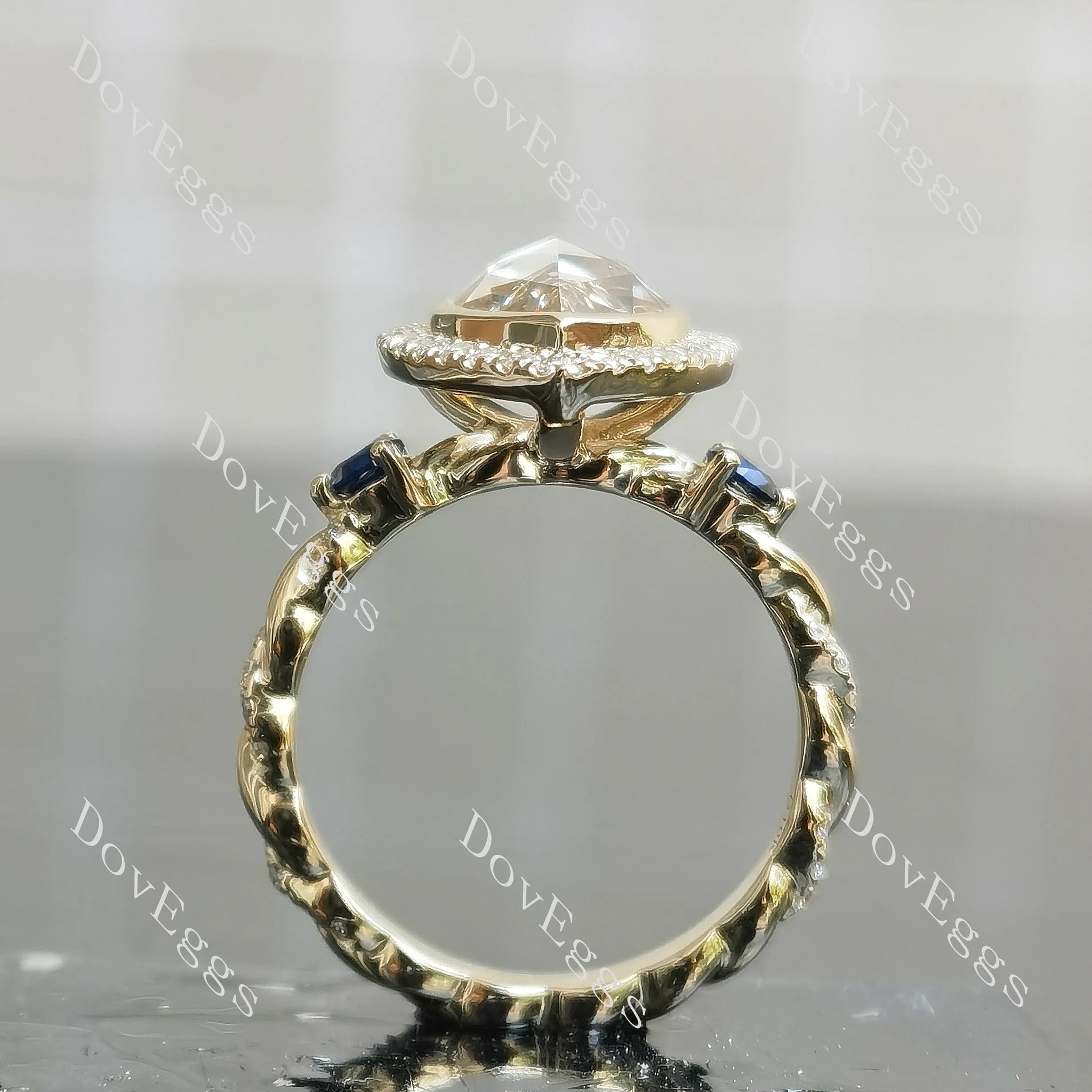 Art deco moissnaite or lab diamond engagement ring with twisted ring arm