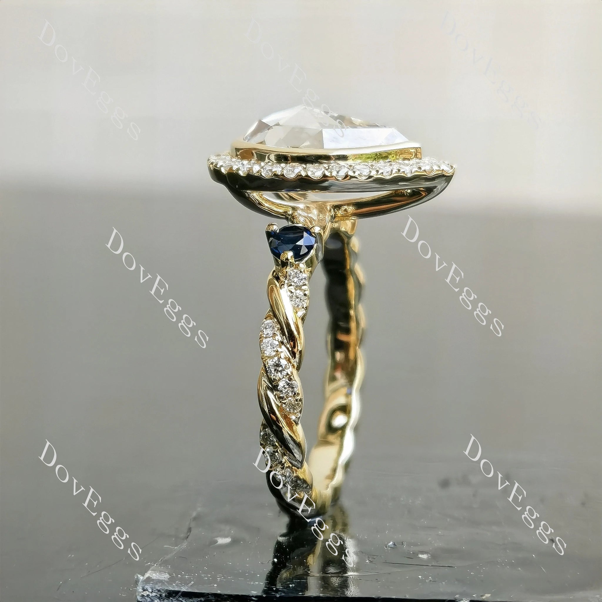 Pear bezel halo art deco moissnaite with colored gem engagement ring side view| Doveggs