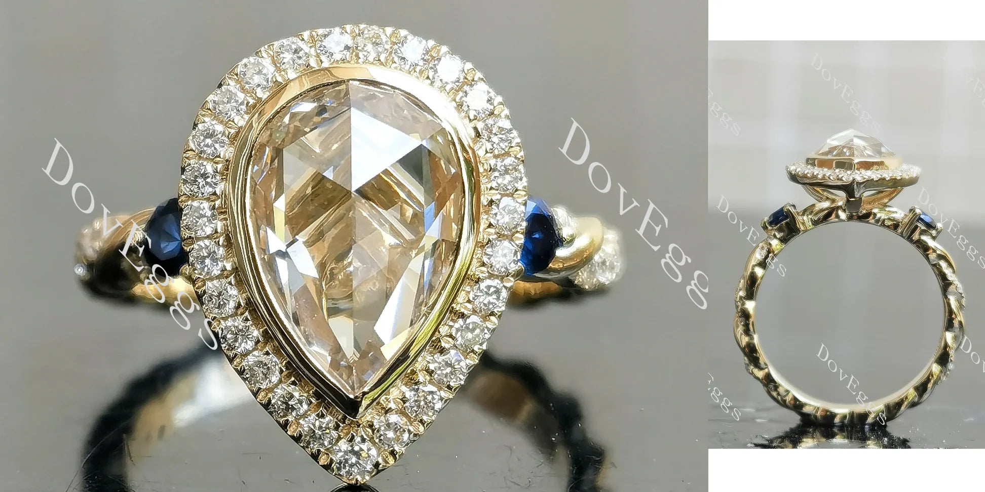 Vintage halo bezel setting with round accents ethical lab diamond engagement ring | DovEggs