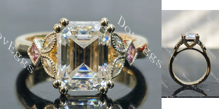 Emerald art deco side stones moissanite engagement ring main view| Doveggs