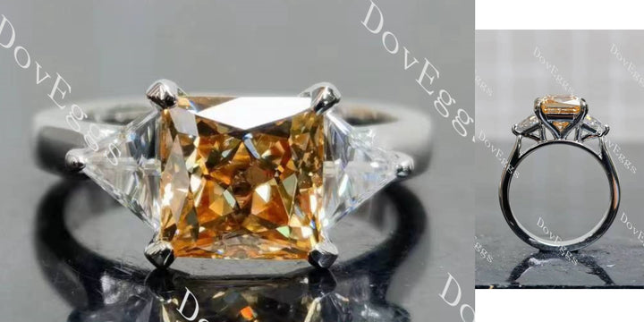 Princess three stones champagne moissanite engagement ring main view| Doveggs