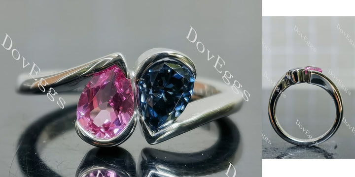 Pear bezel two stones twilight blue moissanite & pink sapphire engagement ring main view| Doveggs
