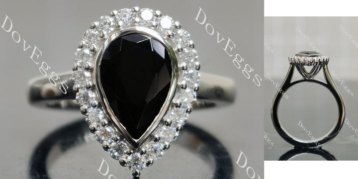 Pear bezel halo black sapphire engagement ring main view| Doveggs