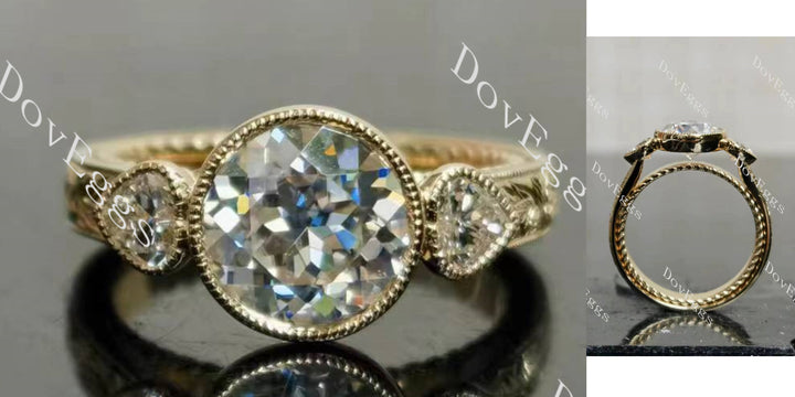 Round bezel carved vintage three stones moissanite engagement ring main view| Doveggs