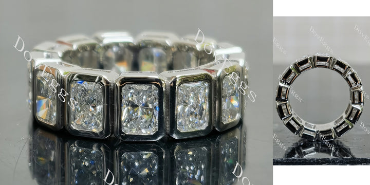 Radiant full eternity bezel lab grown diamond accents wedding band main view| Doveggs