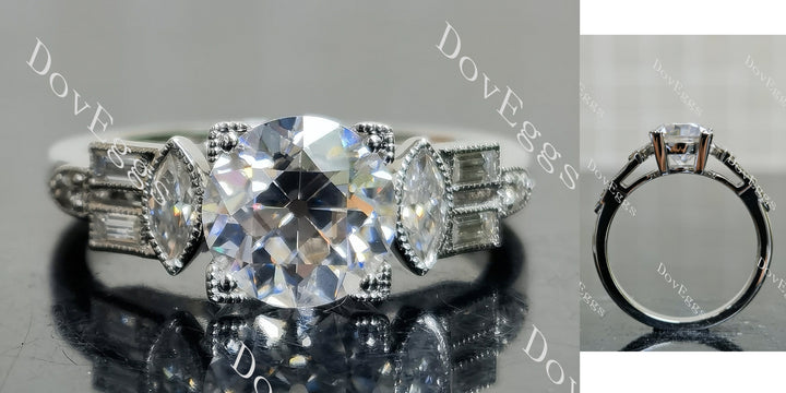 Round vintage delicate side stones moissanite engagement ring main view| DovEggs