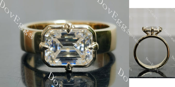 Emerald solitaire bezel moissanite engagement ring main view| DovEggs