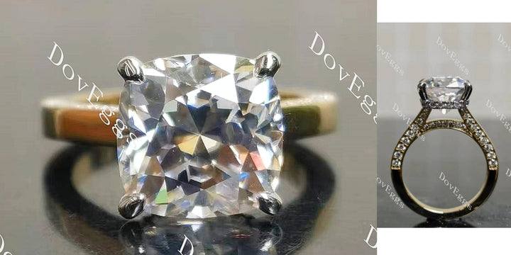 Cushion hidden halo pave moissanite engagement ring main view| Doveggs