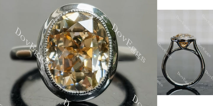 Oval bezel solitaire colored moissanite engagement ring main view| Doveggs