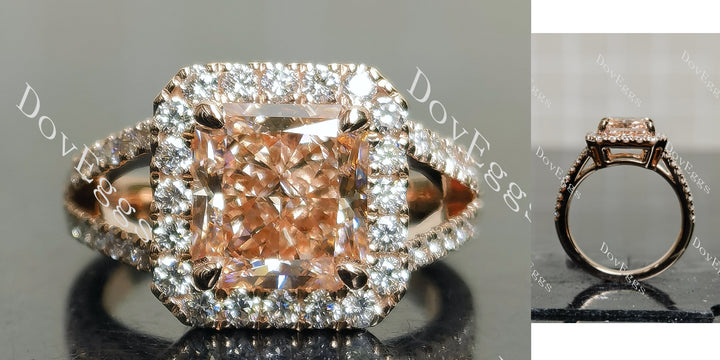 Radiant halo split shanks pink lab diamond engagement ring main view| Doveggs
