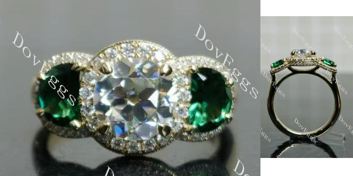 Round halo three stones moissanite engagement ring main view| Doveggs