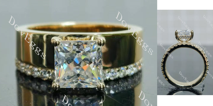 Princess pave moissanite additional stone band engagement ring main view| Doveggs