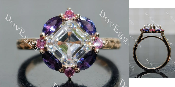 Asscher halo carved vintage moissanite engagement ring main view| Doveggs