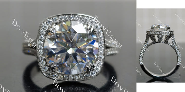 Round halo pave split shanks moissanite engagement ring main view| Doveggs