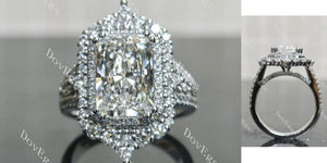 Emerald bezel three stones moissanite engagement ring main view|Doveggs