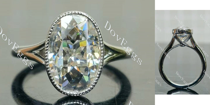 Oval bezel moissanite engagement ring, showcasing the allure of the split shank design|Doveggs
