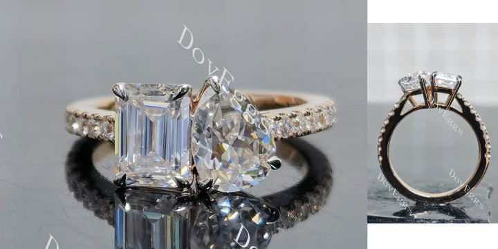 Pear emerald pave two stones moissanite engagement ring main view| DovEggs