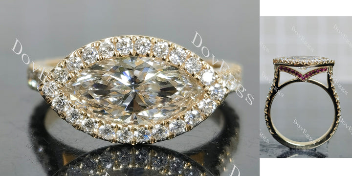 Marquise halo pave vintage lab diamond engagement ring main view| DovEggs