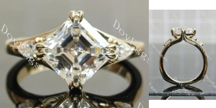 Asscher three stones moissanite engagement ring main view| Doveggs