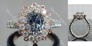Oval halo floral vintage stardust grey moissanite engagement ring main view|Doveggs