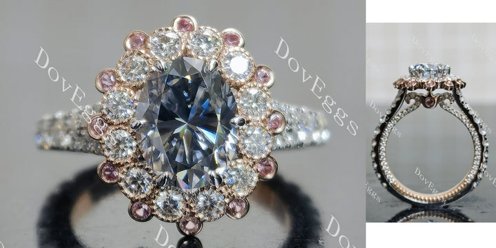 Oval halo floral vintage stardust grey moissanite engagement ring main view|Doveggs